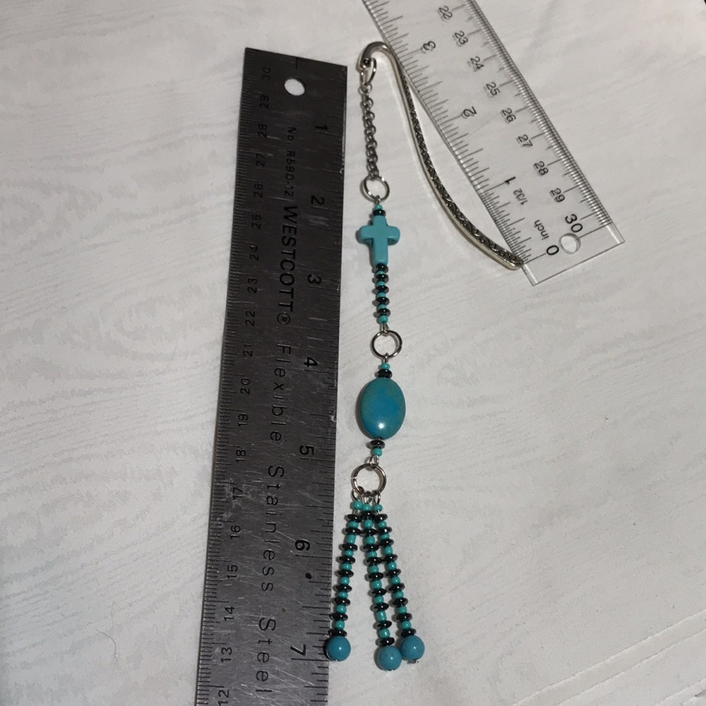 Metal Shepherds Hook Bkmk w/Chain & Turq Magnesite Gemstone,Glass, & Metal Beads - Picture 10 of 10